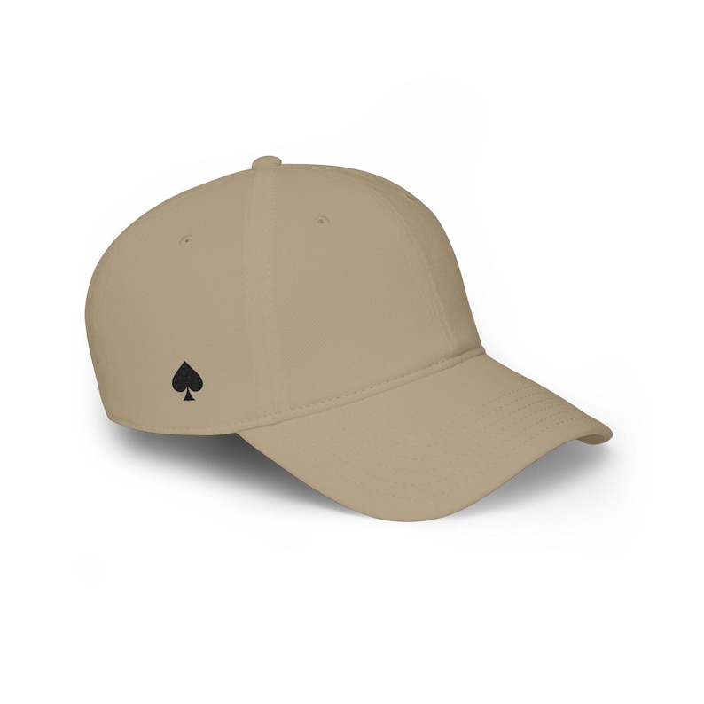Queen of Spades Hat | QOS Embroidered Baseball Cap | Low Profile Spade Cap, Adjustable Cotton Twill Cap Khaki