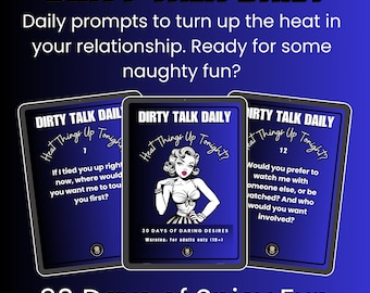 May include: Three blue cards with the text "DIRTY TALK DAILY" and "Heat Things Up Tonight?" feature provocative prompts. One card displays a vintage woman illustration. The cards are designed for adult use and are labeled "30 Days of Spicy Fun."