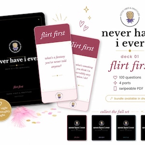 May include: A digital card game titled Never Have I Ever, Flirt First edition, displayed on a tablet screen and as individual cards. The set includes 100 questions across 4 parts in a swipeable PDF format, featuring a pineapple logo and pink accents.