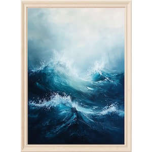Dark Ocean Oil Painting Digital Print Moody Painting of Waves Wall Art Stormy Sea Digital Download Dark Blue Ocean Decor Overcast Sky Art