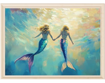 Mermaid wall art Nursery digital download underwater print pastel ocean decor fantasy beach art girls room painting print bathroom decor art