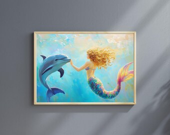 気まぐれな人魚の絵画イルカのデジタルダウンロード海の保育園の装飾