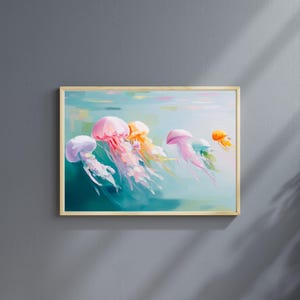 Digital art of pastel jellyfish swimming in turquoise water painted in a dreamy textured brushstroke style featuring pink yellow purple and teal jellyfish drifting gracefully ideal for ocean wall decor coastal home decoration kids room art sea life lovers beach house artwork underwater animal illustration instant digital download print bringing marine beauty into your space with soft calming colors