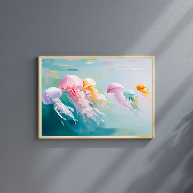 Digital art of pastel jellyfish swimming in turquoise water painted in a dreamy textured brushstroke style featuring pink yellow purple and teal jellyfish drifting gracefully ideal for ocean wall decor coastal home decoration kids room art sea life lovers beach house artwork underwater animal illustration instant digital download print bringing marine beauty into your space with soft calming colors