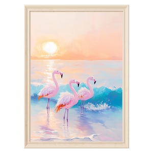 Flamingo wall art pastel beach print coastal nursery decor ocean digital download tropical birds artwork pink sunset wave printable painting