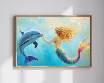 気まぐれな人魚の絵画イルカのデジタルダウンロード海の保育園の装飾