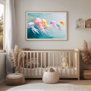Digital art of pastel jellyfish swimming in turquoise water painted in a dreamy textured brushstroke style featuring pink yellow purple and teal jellyfish drifting gracefully ideal for ocean wall decor coastal home decoration kids room art sea life lovers beach house artwork underwater animal illustration instant digital download print bringing marine beauty into your space with soft calming colors