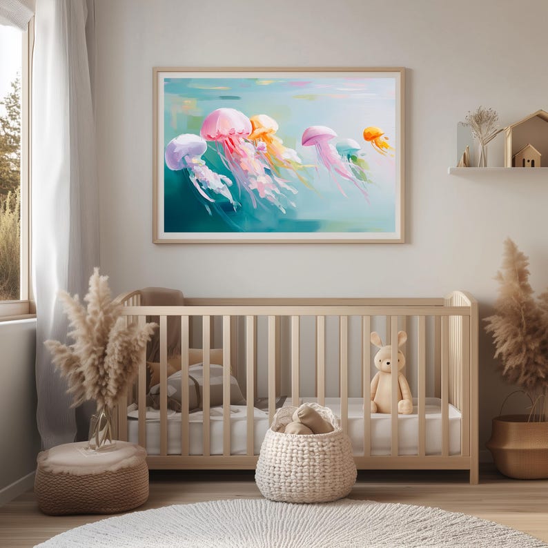 Digital art of pastel jellyfish swimming in turquoise water painted in a dreamy textured brushstroke style featuring pink yellow purple and teal jellyfish drifting gracefully ideal for ocean wall decor coastal home decoration kids room art sea life lovers beach house artwork underwater animal illustration instant digital download print bringing marine beauty into your space with soft calming colors