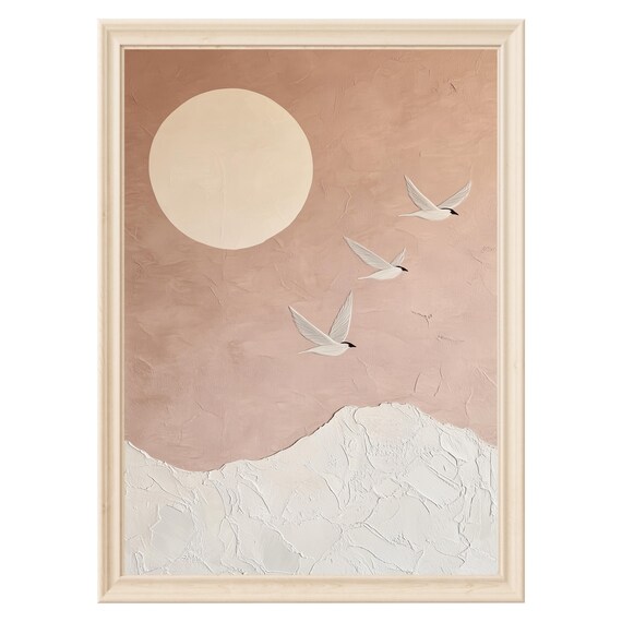 Textured Oil Painting Style Birds Flying Over Ivory Mountain Minimalist Blush Pink Sky Wall Art Neutral Modern Digital Download Nature Art