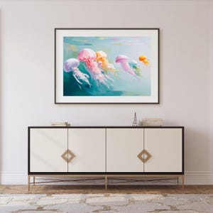 Digital art of pastel jellyfish swimming in turquoise water painted in a dreamy textured brushstroke style featuring pink yellow purple and teal jellyfish drifting gracefully ideal for ocean wall decor coastal home decoration kids room art sea life lovers beach house artwork underwater animal illustration instant digital download print bringing marine beauty into your space with soft calming colors