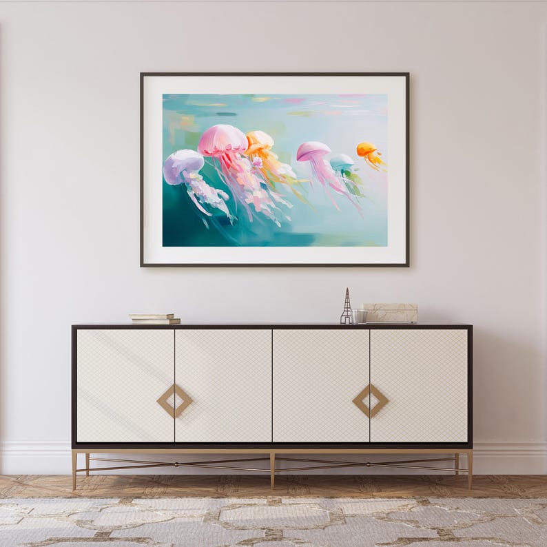 Digital art of pastel jellyfish swimming in turquoise water painted in a dreamy textured brushstroke style featuring pink yellow purple and teal jellyfish drifting gracefully ideal for ocean wall decor coastal home decoration kids room art sea life lovers beach house artwork underwater animal illustration instant digital download print bringing marine beauty into your space with soft calming colors