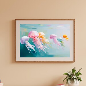 Digital art of pastel jellyfish swimming in turquoise water painted in a dreamy textured brushstroke style featuring pink yellow purple and teal jellyfish drifting gracefully ideal for ocean wall decor coastal home decoration kids room art sea life lovers beach house artwork underwater animal illustration instant digital download print bringing marine beauty into your space with soft calming colors
