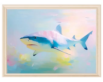 Pastel shark print ocean wall art nursery decor kids room decor undersea digital download beach theme coastal wall art boys room shark art