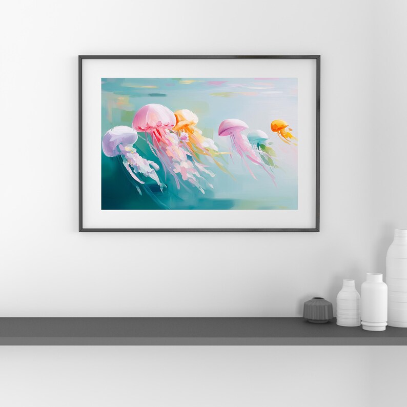 Digital art of pastel jellyfish swimming in turquoise water painted in a dreamy textured brushstroke style featuring pink yellow purple and teal jellyfish drifting gracefully ideal for ocean wall decor coastal home decoration kids room art sea life lovers beach house artwork underwater animal illustration instant digital download print bringing marine beauty into your space with soft calming colors