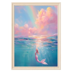 May include: A framed painting depicts a mermaid rising from turquoise water towards a rainbow. The mermaid has long, flowing hair and a pink tail. The sky is filled with pink and peach-colored clouds.