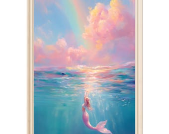 Mermaid wall art digital print pastel ocean wall decor fairytale nursery wall art girls room mermaid decor whimsical coastal wall painting