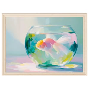 Pastel goldfish print fish bowl wall art kids room decor digital download fish art nursery animal print soft whimsical modern fish painting