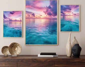 Ocean Photography Set of 3 – Vibrant Light Blue Water, Purple & Pink Sunset, Coastal Wall Art Prints, Digital Download with Rock Features