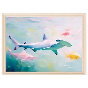 Pastel hammerhead shark print ocean animal wall art kids room decor digital download sea life art soft underwater nursery modern shark art