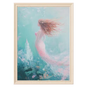 Pink mermaid wall art digital download beach house art fantasy nursery decor girls room print Pastel painting ocean art princess wall art