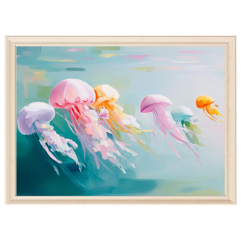 Digital art of pastel jellyfish swimming in turquoise water painted in a dreamy textured brushstroke style featuring pink yellow purple and teal jellyfish drifting gracefully ideal for ocean wall decor coastal home decoration kids room art sea life lovers beach house artwork underwater animal illustration instant digital download print bringing marine beauty into your space with soft calming colors
