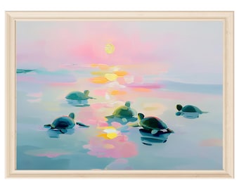 Sonnenuntergang Meeresschildkröte Wandkunst Meeresschildkröte Kunstdruck Pastellmalerei Schildkröte Baby Schildkröte Kunst Küstenposter