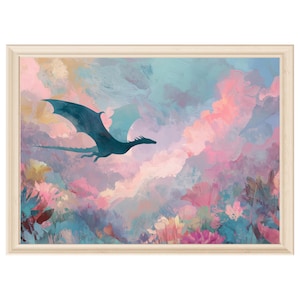 May include: Framed art print depicting a teal dragon in flight against a pastel sky of pink, blue, and yellow clouds. The painting has a painterly style with visible brushstrokes, evoking a fantasy theme.