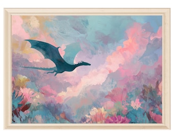 Dragon wall art fairytale girls room print digital download pastel painting floral nursery decor whimsical art dragon decor pink aesthetic