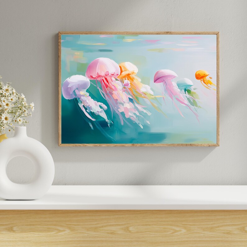 Digital art of pastel jellyfish swimming in turquoise water painted in a dreamy textured brushstroke style featuring pink yellow purple and teal jellyfish drifting gracefully ideal for ocean wall decor coastal home decoration kids room art sea life lovers beach house artwork underwater animal illustration instant digital download print bringing marine beauty into your space with soft calming colors