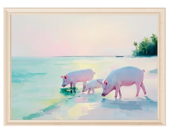 Arte abstracto de cerdo, estampado de cerdo de playa pastel, arte de pared de animales oceánicos, decoración de guardería costera, playa de cerdos, cerdos de Exuma, descarga digital, regalo para amantes de los cerdos