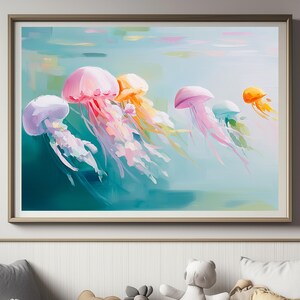 Digital art of pastel jellyfish swimming in turquoise water painted in a dreamy textured brushstroke style featuring pink yellow purple and teal jellyfish drifting gracefully ideal for ocean wall decor coastal home decoration kids room art sea life lovers beach house artwork underwater animal illustration instant digital download print bringing marine beauty into your space with soft calming colors