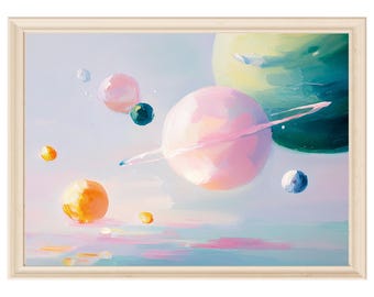 Pastel planet art print solar system wall art space nursery decor kids room digital download painting boys bedroom art baby room space gift