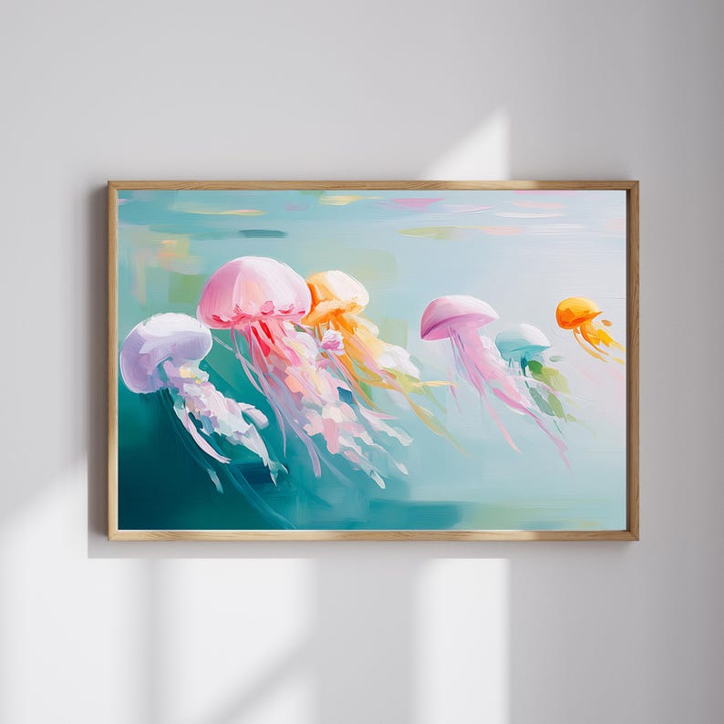 Digital art of pastel jellyfish swimming in turquoise water painted in a dreamy textured brushstroke style featuring pink yellow purple and teal jellyfish drifting gracefully ideal for ocean wall decor coastal home decoration kids room art sea life lovers beach house artwork underwater animal illustration instant digital download print bringing marine beauty into your space with soft calming colors