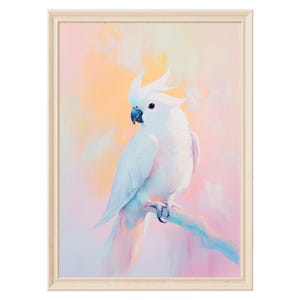 Impressão de arte de parede de pássaro pastel, cacatua, download digital, decoração moderna de berçário, arte de pássaro tropical, impressão minimalista de papagaio, pintura em cores suaves rosa