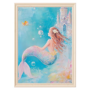 Pastel mermaid wall art digital download oil painting whimsical girls room decor print ocean nursery painting for beach house wall artwork