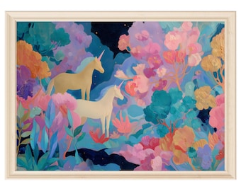 Unicorn wall art fairytale print digital download pastel nursery wall art girls bedroom decor whimsical painting cottagecore art fantasy art