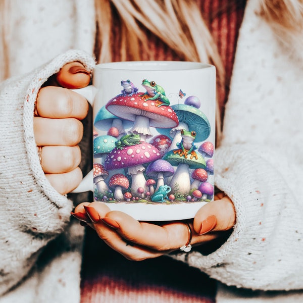 Enchanted Forest Watercolor Mug, Whimsical Frogs on Mushroom Art Coffee Cup, Colorful Toadstool Kitchen Decor, Magical Nature Lover Gift