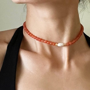 Crimson Blossom: High Quality Pearl and Red Agate Beaded Necklace｜natural stone｜Boho necklace｜dainty necklace｜red necklace| gift for her