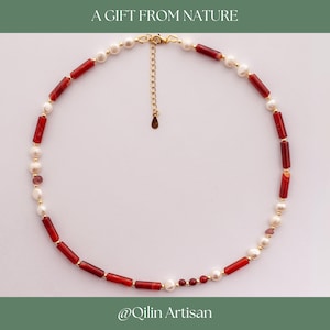 Handmade Red Agate and Pearl Choker Necklace | Natural Stones | Dainty Beaded Necklace | Elegant Gift for Her