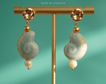 Blue Ceramic Nautilus Earrings – Summer Vacation Jewelry – 14K Gold-Plated & Pearl Seaside Earrings – Mermaidcore Gift for Her