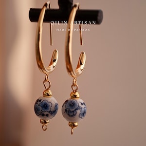 14K Gold Hoop Earrings with Blue and White Porcelain Beads | Vintage China Earrings Delft Blue Handmade Earrings | Gift for her