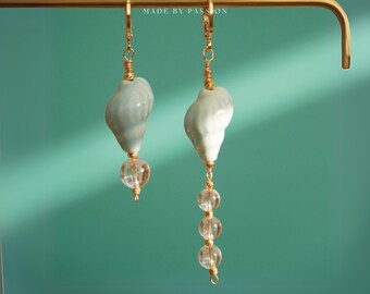 Blue Siren Spiral Shell Earrings – Mermaidcore Ceramic and Quartz Dangle – 14K Gold Hoop Summer Jewelry