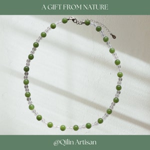 Spring: Handmade Jade and Crystal Choker Necklace｜Pale Green Jade｜Natural Jade｜Beaded Necklace｜Dainty Jade Necklace｜Gift for Her