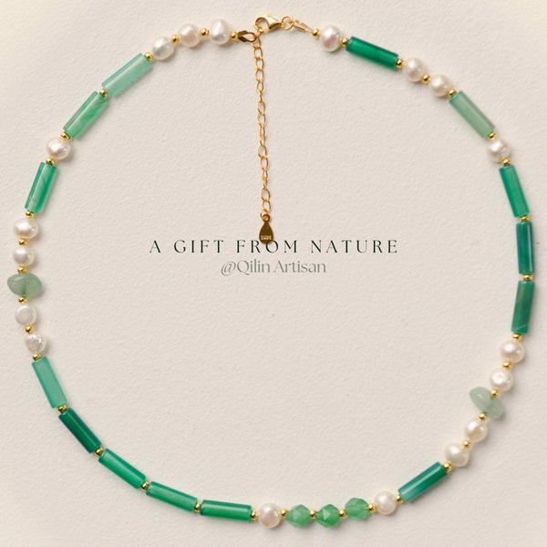 Jade Waves & Mist: Handmade Agate, Pearls, and  Jade Necklace｜Chocker ｜natural jade｜beaded necklace｜dainty jade necklace｜gift for her