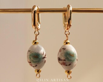 Gold Hoop Earrings with Ceramic Lotus Beads Elegant and Unique | Vintage China Earrings Delft Blue Handmade Earrings | Gift for her
