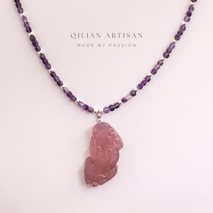 Pixiu｜Amethyst Necklace with Chalcedony Pendant | Good Fortune Luck & Love Gift | Lilac Purple Stone Jewelry