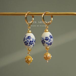 14K Gold-Plated Hoop Earrings with Porcelain Beads and Pearl Accents｜Vintage China Earrings|Delft Blue Handmade Earrings | Gift for her