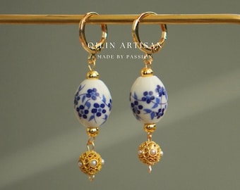 14K Gold-Plated Hoop Earrings with Porcelain Beads and Pearl Accents｜Vintage China Earrings|Delft Blue Handmade Earrings | Gift for her