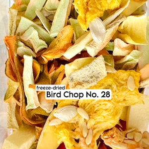 May include: A close-up of freeze-dried bird chop No. 28. The image shows a mix of dried fruits and vegetables in shades of yellow, orange, and green. Some pieces have visible seeds. The text "freeze-dried" and "Bird Chop No. 28" are visible.