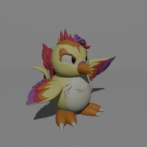 Puede incluir: Una figura de pájaro de dibujos animados renderizada en 3D. El pájaro tiene plumaje amarillo y blanco, con acentos naranjas, rojos y morados en sus alas y cabeza. Tiene una expresión decidida y posa con las alas ligeramente extendidas.